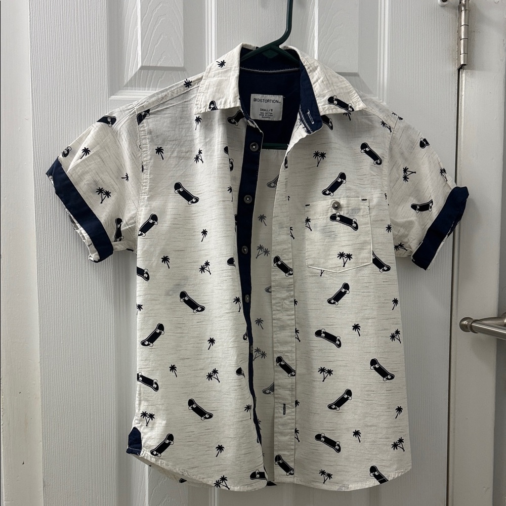 Kids White Skateboard Print Button Down Shirt